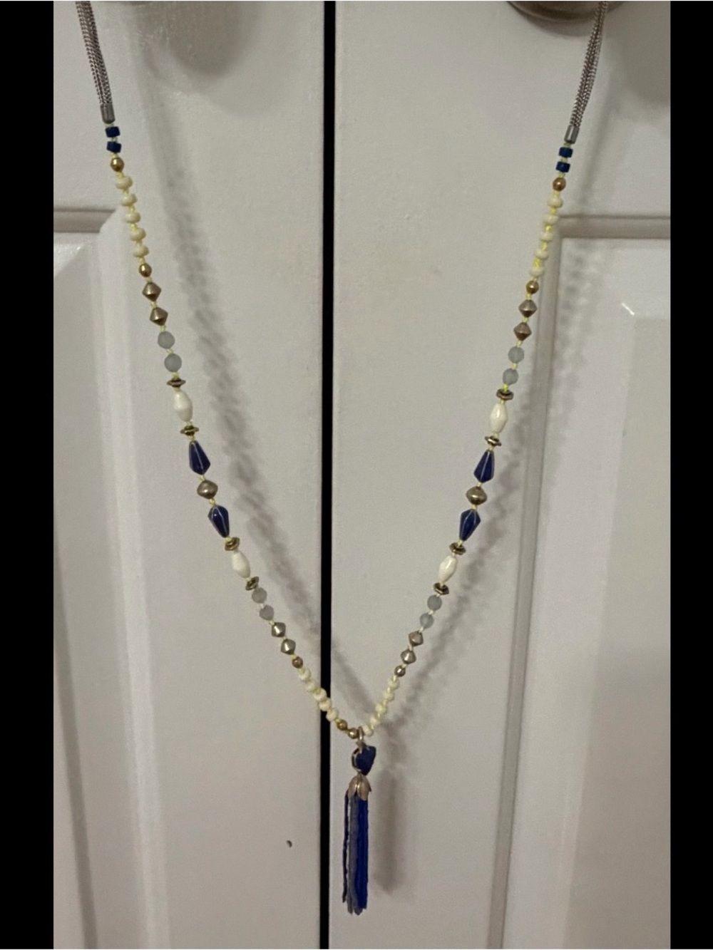 Beaded Navy and Cream Tassel Necklace